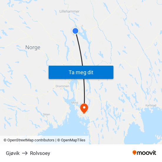 Gjøvik to Rolvsoey map