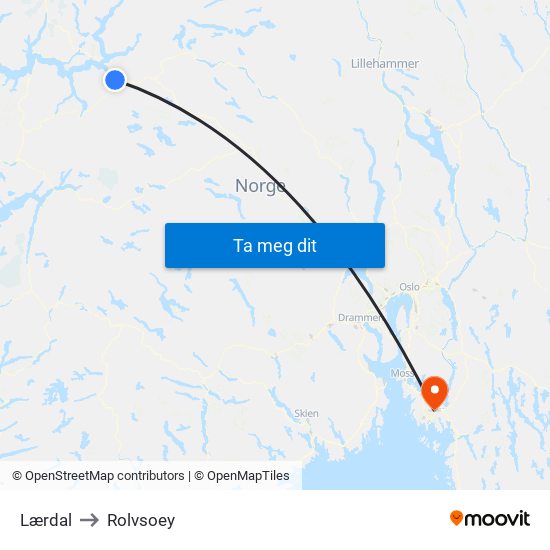 Lærdal to Rolvsoey map