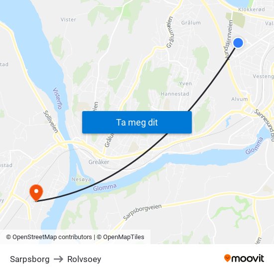 Sarpsborg to Rolvsoey map