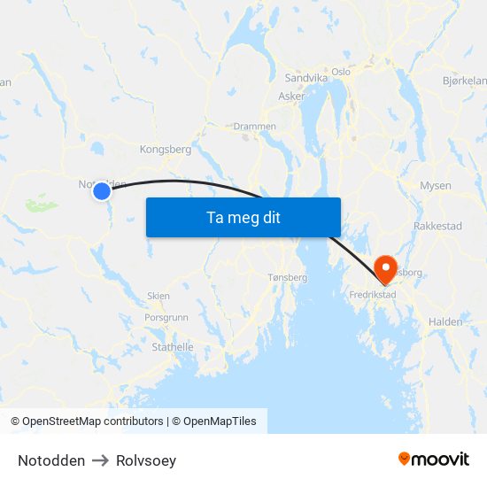 Notodden to Rolvsoey map