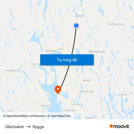 Ullensaker to Rygge map