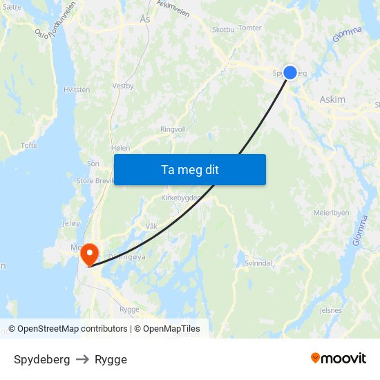 Spydeberg to Rygge map