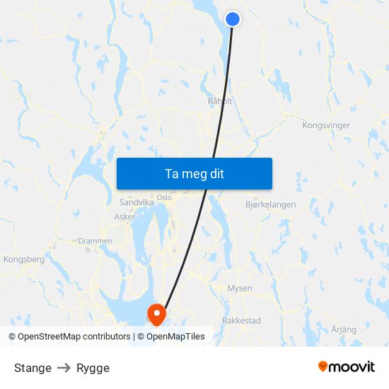 Stange to Rygge map