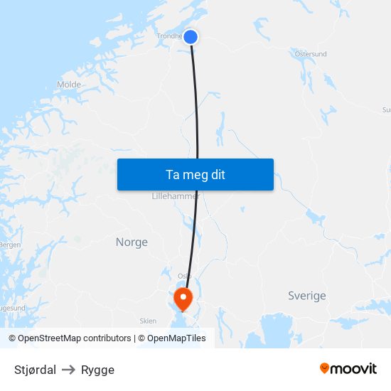 Stjørdal to Rygge map