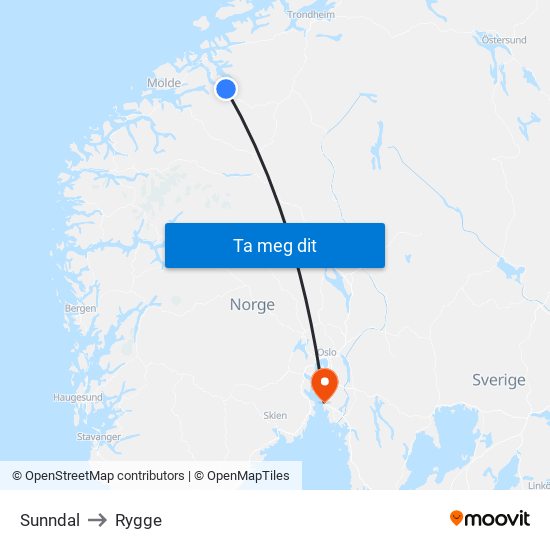 Sunndal to Rygge map