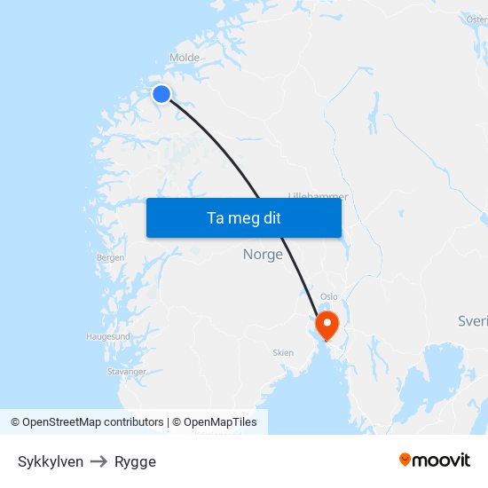 Sykkylven to Rygge map