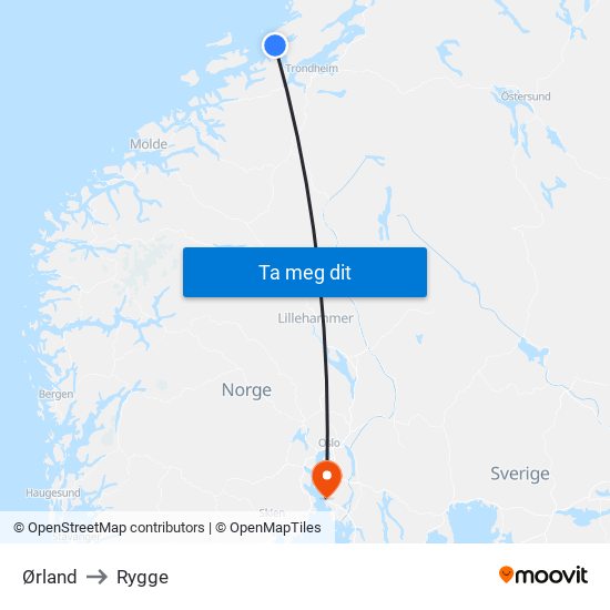 Ørland to Rygge map