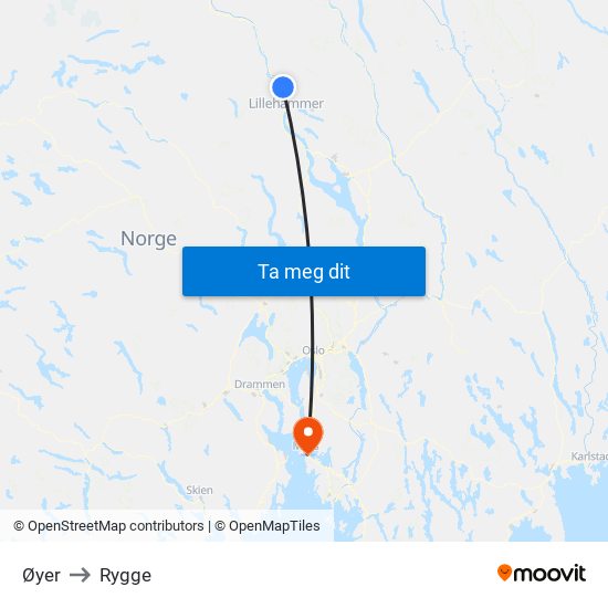 Øyer to Rygge map