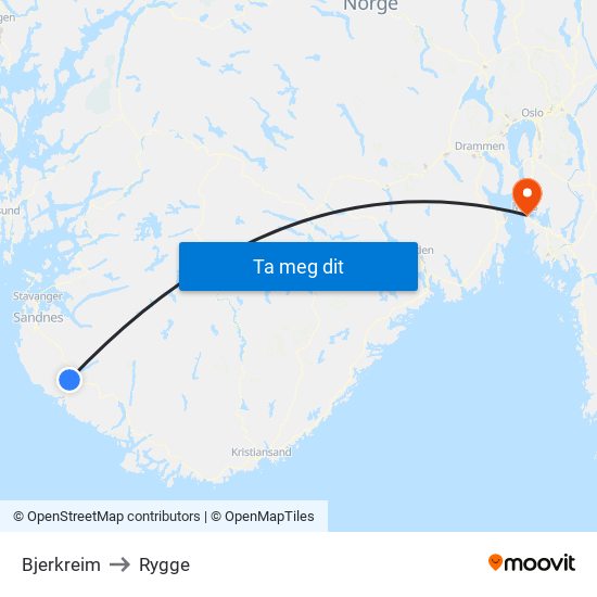 Bjerkreim to Rygge map