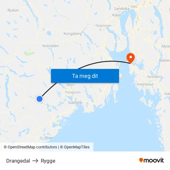 Drangedal to Rygge map