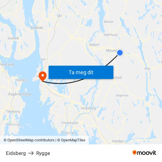 Eidsberg to Rygge map