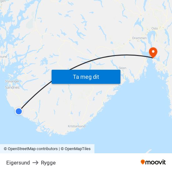 Eigersund to Rygge map