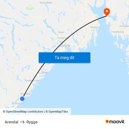 Arendal to Rygge map