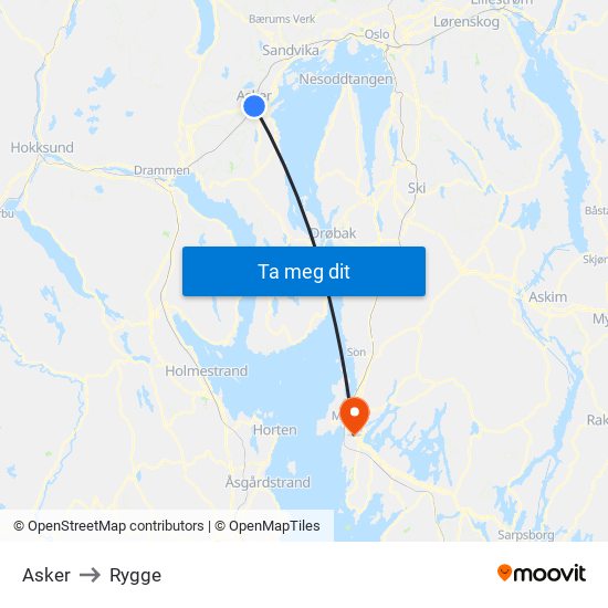 Asker to Rygge map