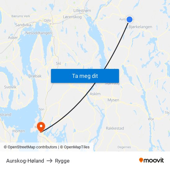 Aurskog-Høland to Rygge map