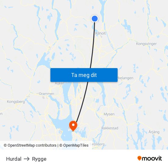 Hurdal to Rygge map