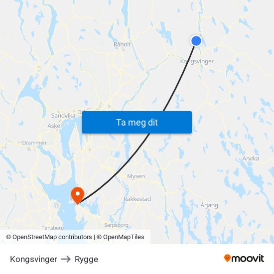 Kongsvinger to Rygge map