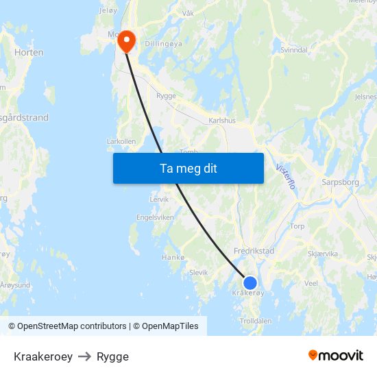 Kraakeroey to Rygge map