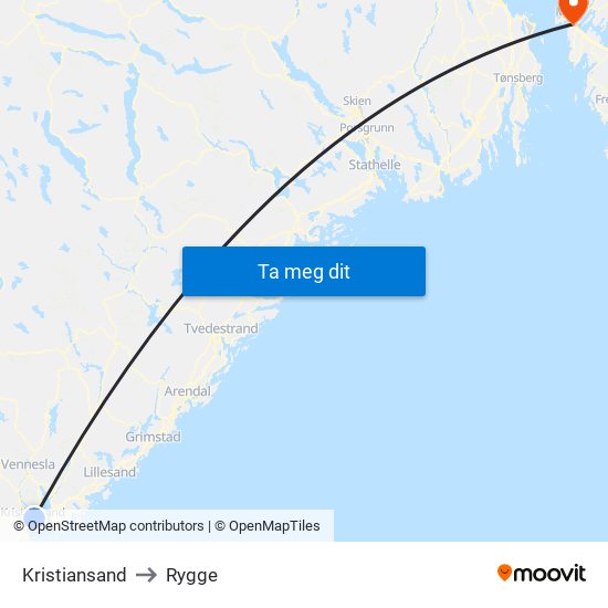 Kristiansand to Rygge map