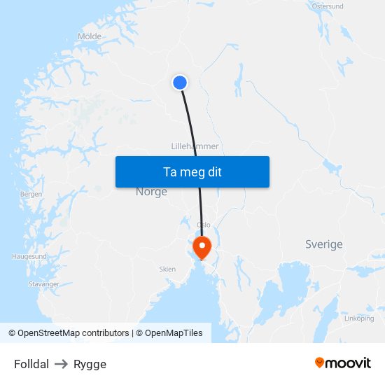 Folldal to Rygge map