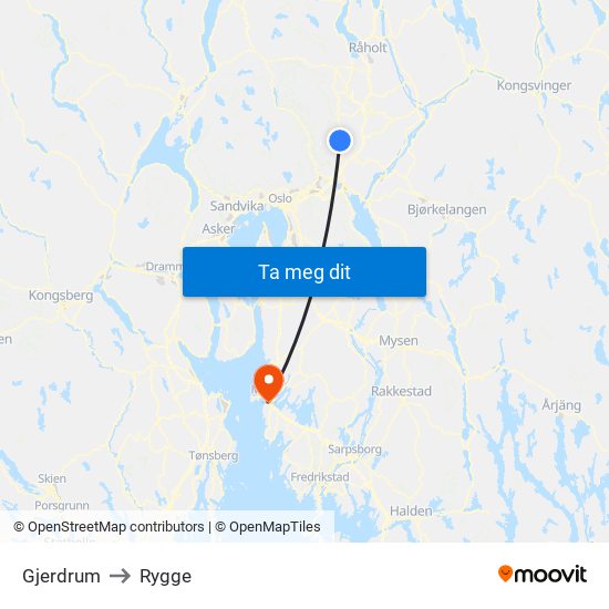 Gjerdrum to Rygge map