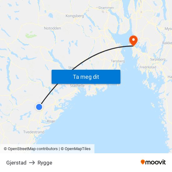 Gjerstad to Rygge map