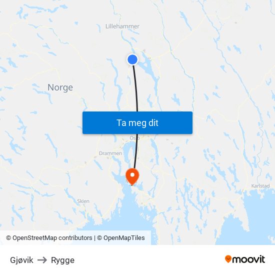 Gjøvik to Rygge map