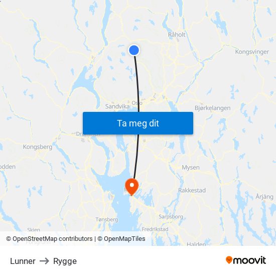 Lunner to Rygge map