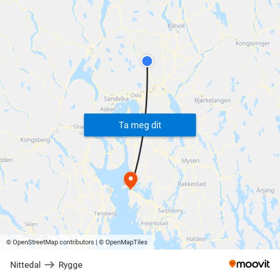 Nittedal to Rygge map