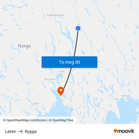 Løten to Rygge map