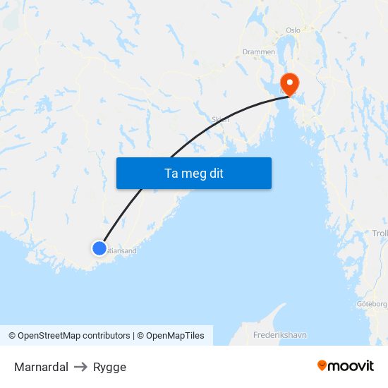 Marnardal to Rygge map