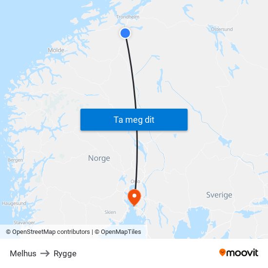 Melhus to Rygge map