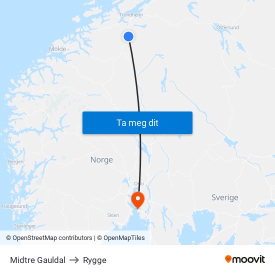 Midtre Gauldal to Rygge map