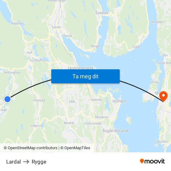 Lardal to Rygge map
