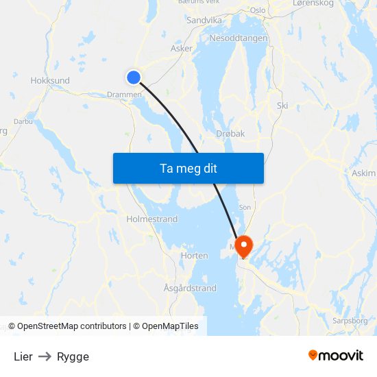 Lier to Rygge map