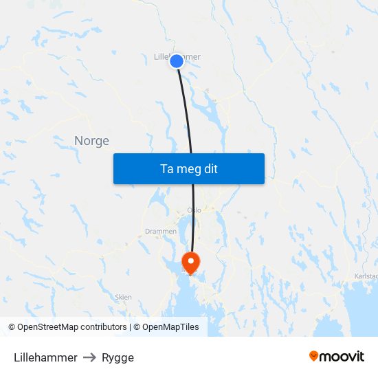 Lillehammer to Rygge map