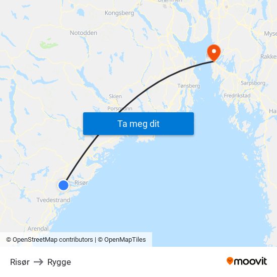 Risør to Rygge map