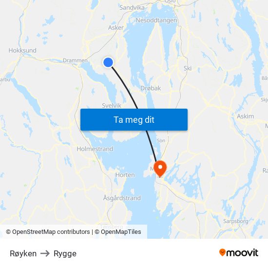 Røyken to Rygge map