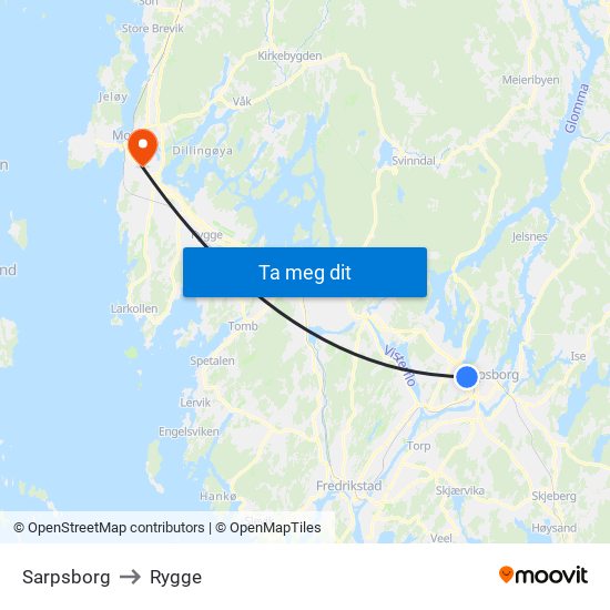 Sarpsborg to Rygge map