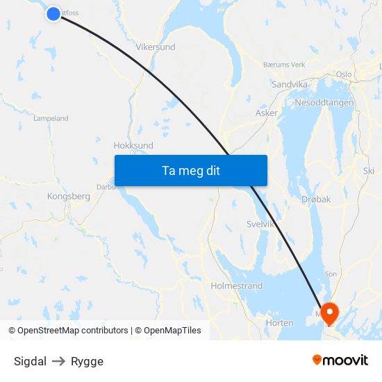 Sigdal to Rygge map