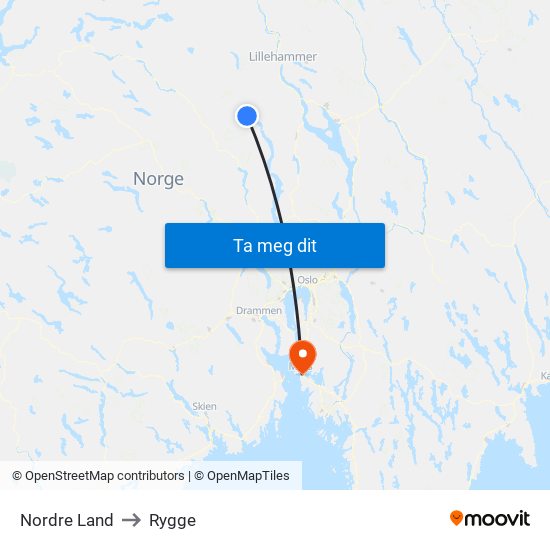 Nordre Land to Rygge map
