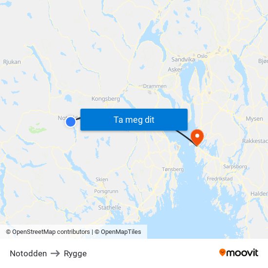 Notodden to Rygge map