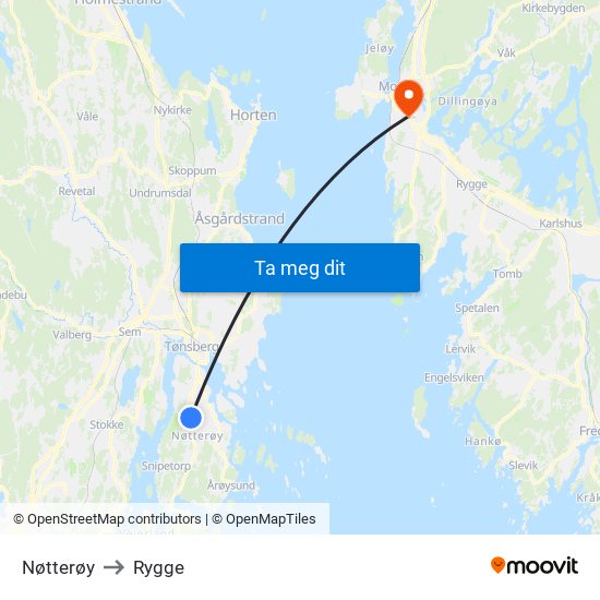 Nøtterøy to Rygge map