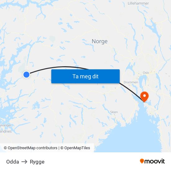 Odda to Rygge map