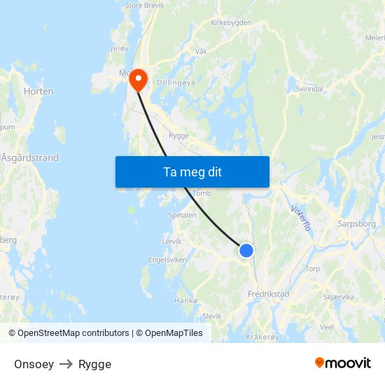 Onsoey to Rygge map