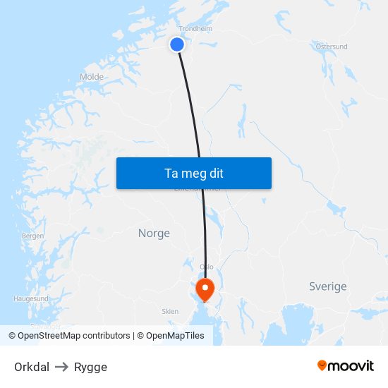 Orkdal to Rygge map