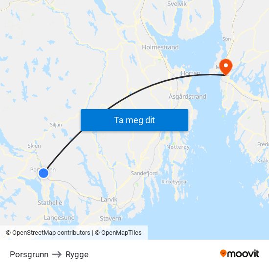 Porsgrunn to Rygge map