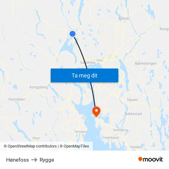 Hønefoss to Rygge map
