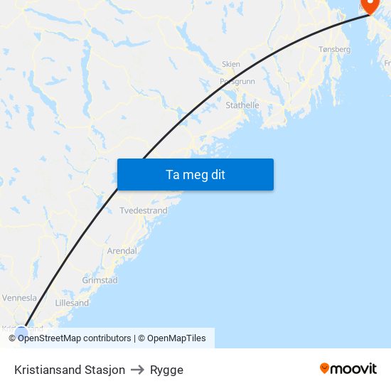 Kristiansand Stasjon to Rygge map