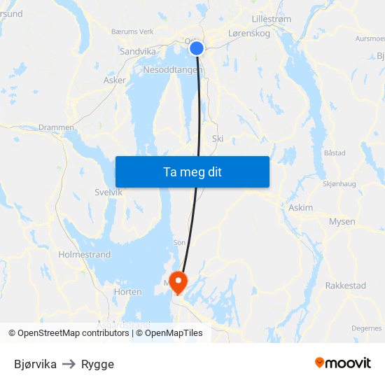 Bjørvika to Rygge map